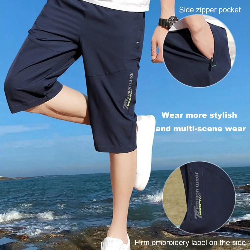 Solid Color Cropped Pants Men's Elastic Waist Cropped Pants with Zipper Pockets Soft Breathable Mid-calf Trousers in for Men