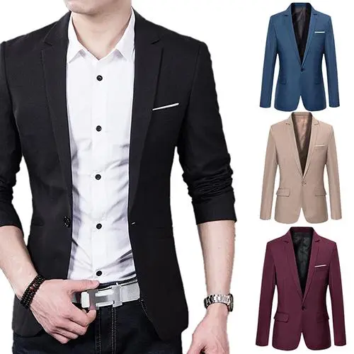 Men Blazers Slim Autumn Suit Business Formal Party Male Suit One Button Lapel Casual Long Sleeve Pockets Top Plus Size