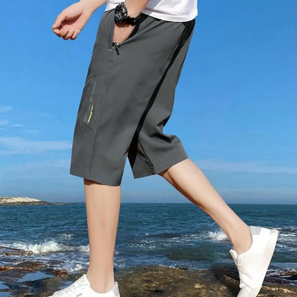 Solid Color Cropped Pants Men's Elastic Waist Cropped Pants with Zipper Pockets Soft Breathable Mid-calf Trousers in for Men