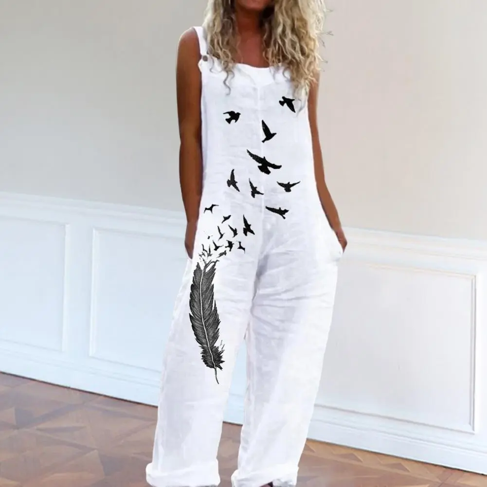 Casual Loose Jumpsuit Women Spaghetti Long Camis Summer Print Cotton Linen Strap Wide Leg Pants Bib Overalls Sleeveless Jumpsuit