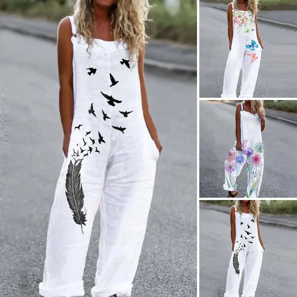 Casual Loose Jumpsuit Women Spaghetti Long Camis Summer Print Cotton Linen Strap Wide Leg Pants Bib Overalls Sleeveless Jumpsuit