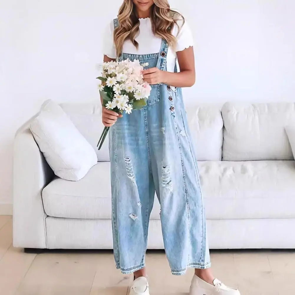 Denim Women'S Jumpsuits Summer Fashion Casual Loose Wide Leg Jumpsuits Jeans Solid Color Pockets Retro Button Strap Jumpsuits