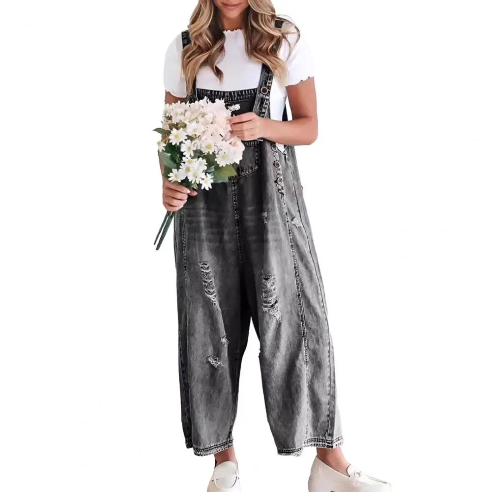 Denim Women'S Jumpsuits Summer Fashion Casual Loose Wide Leg Jumpsuits Jeans Solid Color Pockets Retro Button Strap Jumpsuits