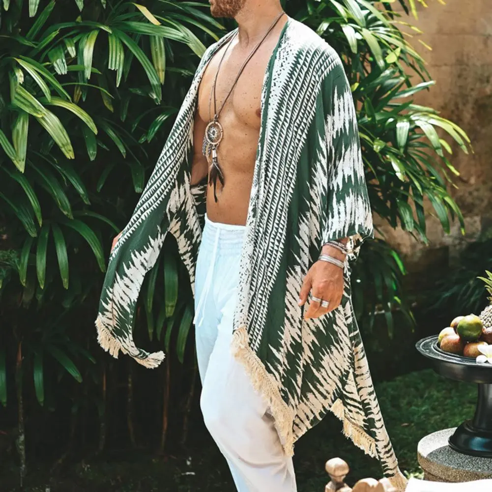 Men Tulum Linen Holiday Cardigan Men's Long White Cardigan Spring / Summer Thin Men's Sun Protection Shirt Fringe Long Cardigan