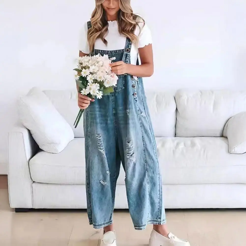 Denim Women'S Jumpsuits Summer Fashion Casual Loose Wide Leg Jumpsuits Jeans Solid Color Pockets Retro Button Strap Jumpsuits