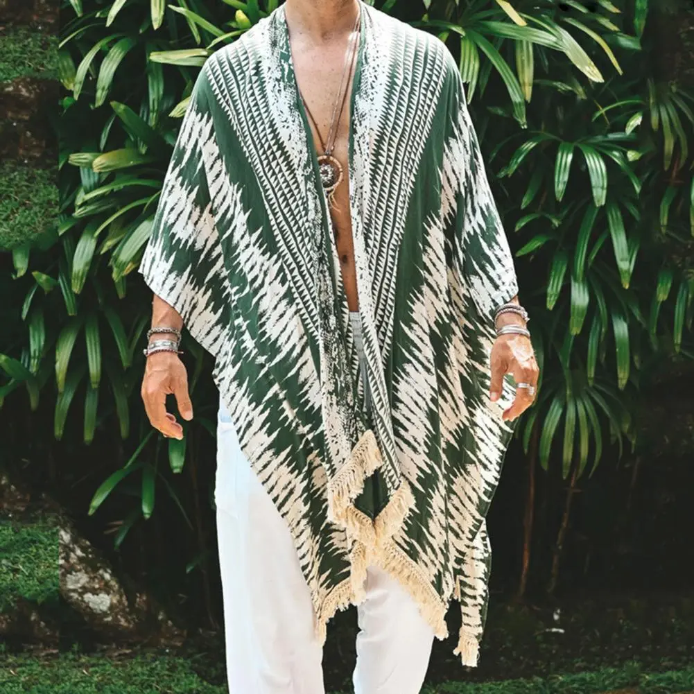 Men Tulum Linen Holiday Cardigan Men's Long White Cardigan Spring / Summer Thin Men's Sun Protection Shirt Fringe Long Cardigan