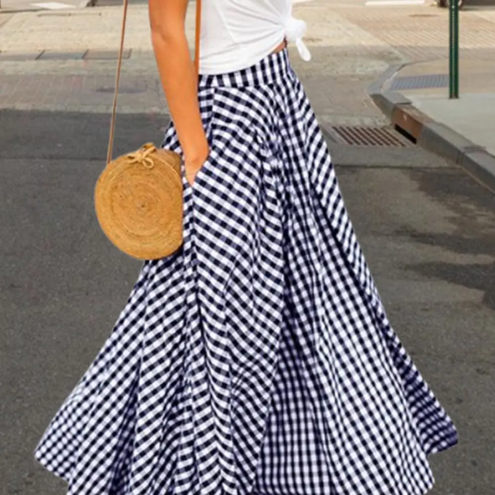 2020 Women's Skirts Vintage Plaid Check Long Skirt Zipper Pleated Bohemian Femme Casual Pockets Maxi Skirts