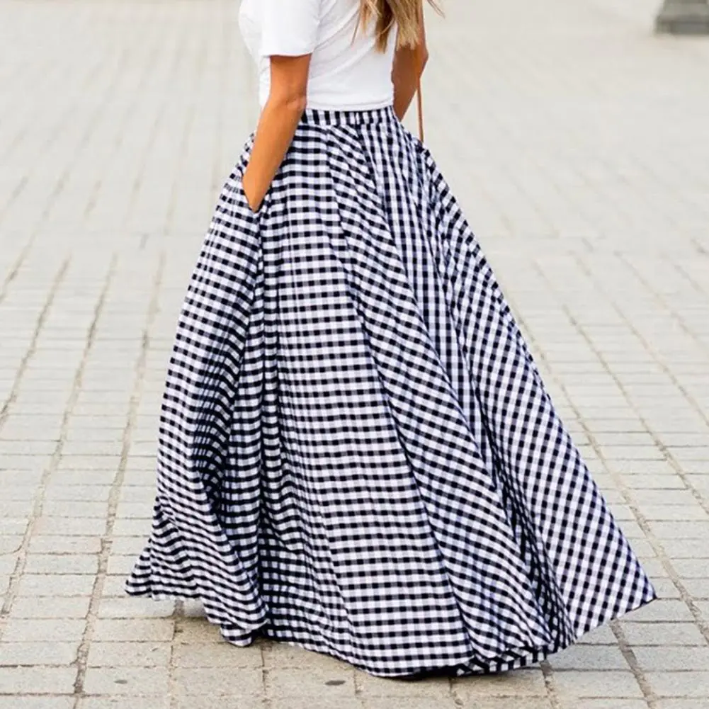 2020 Women's Skirts Vintage Plaid Check Long Skirt Zipper Pleated Bohemian Femme Casual Pockets Maxi Skirts