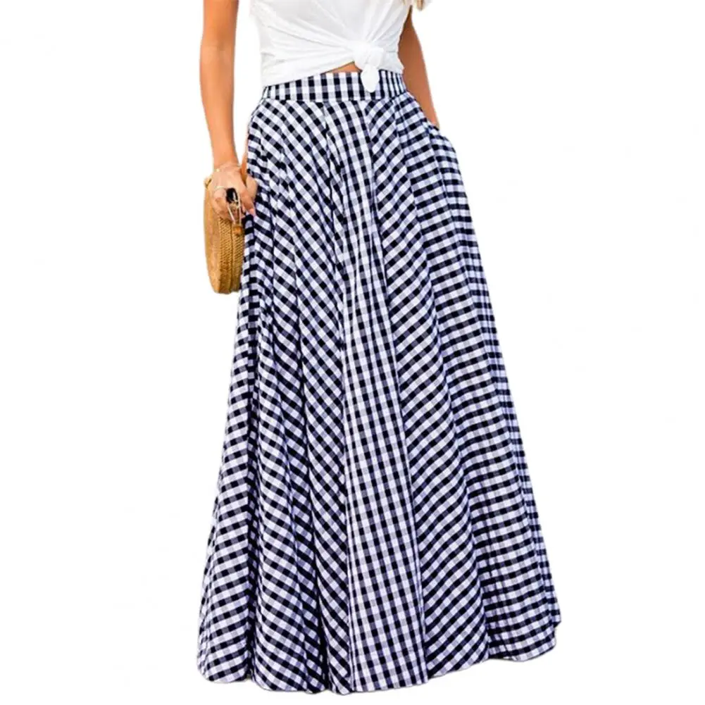 2020 Women's Skirts Vintage Plaid Check Long Skirt Zipper Pleated Bohemian Femme Casual Pockets Maxi Skirts
