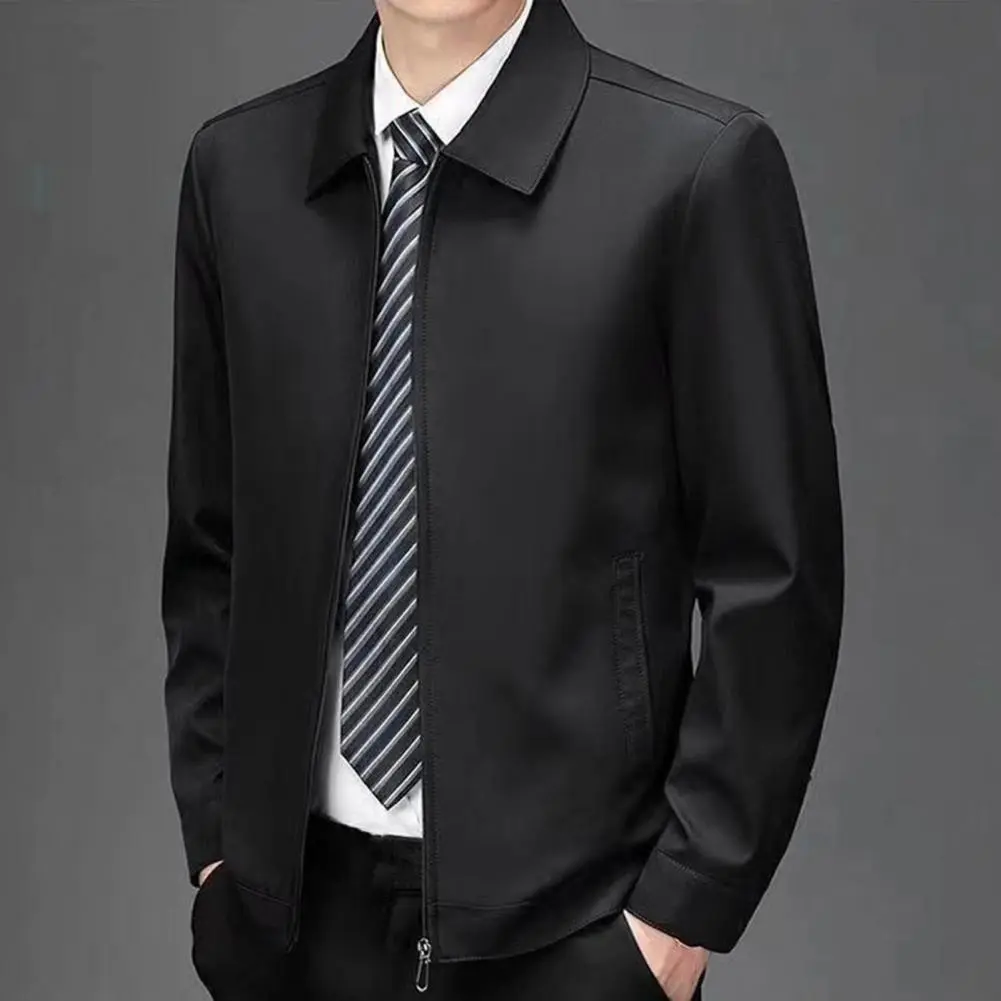 Father Fall Coat Men's Mid-aged Father Daily Jacket with Turn-down Collar Smooth Zipper Closure Solid Color Lightweight for Fall