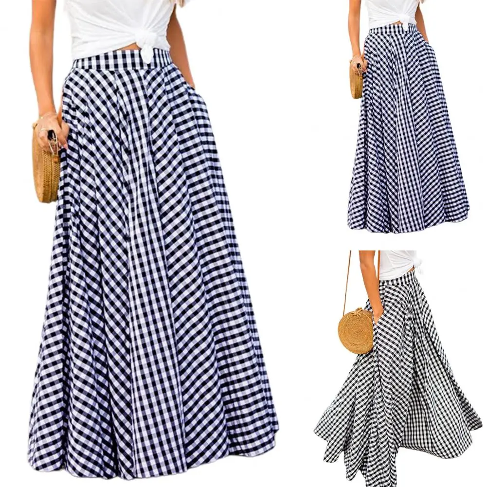2020 Women's Skirts Vintage Plaid Check Long Skirt Zipper Pleated Bohemian Femme Casual Pockets Maxi Skirts