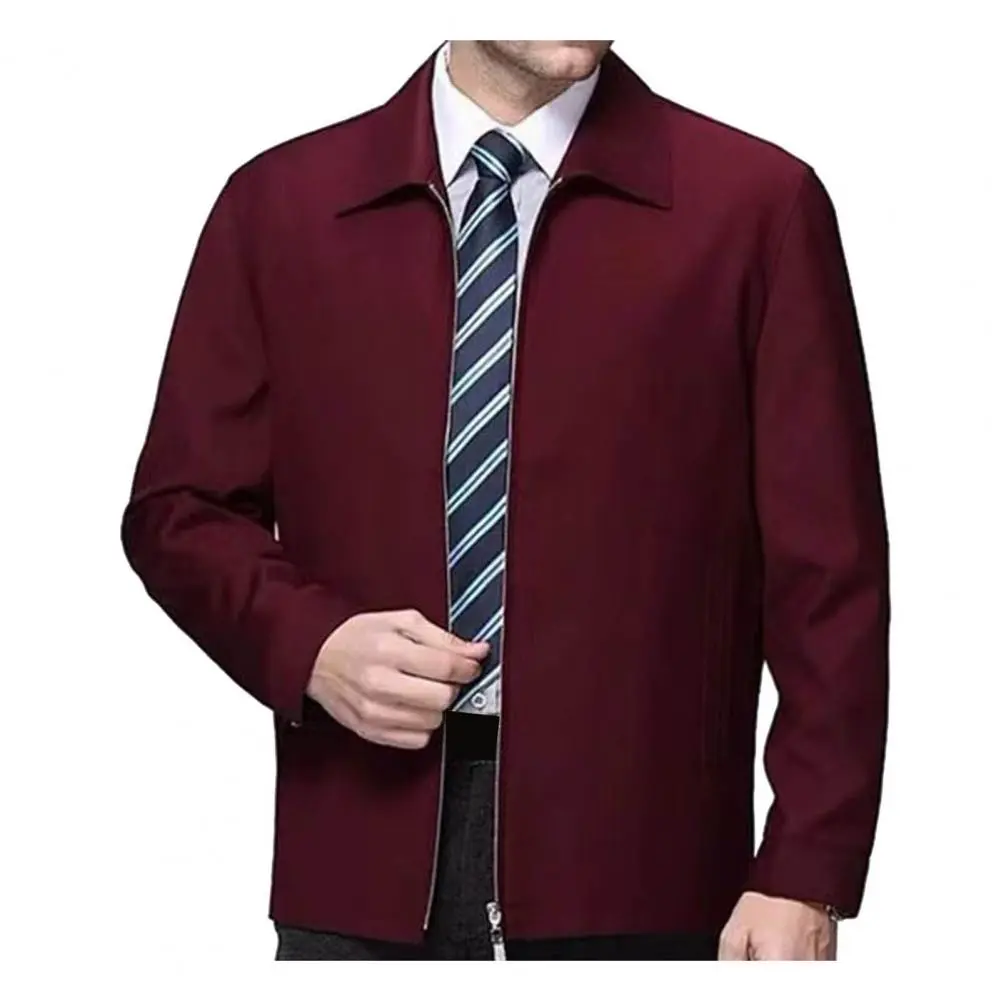 Father Fall Coat Men's Mid-aged Father Daily Jacket with Turn-down Collar Smooth Zipper Closure Solid Color Lightweight for Fall