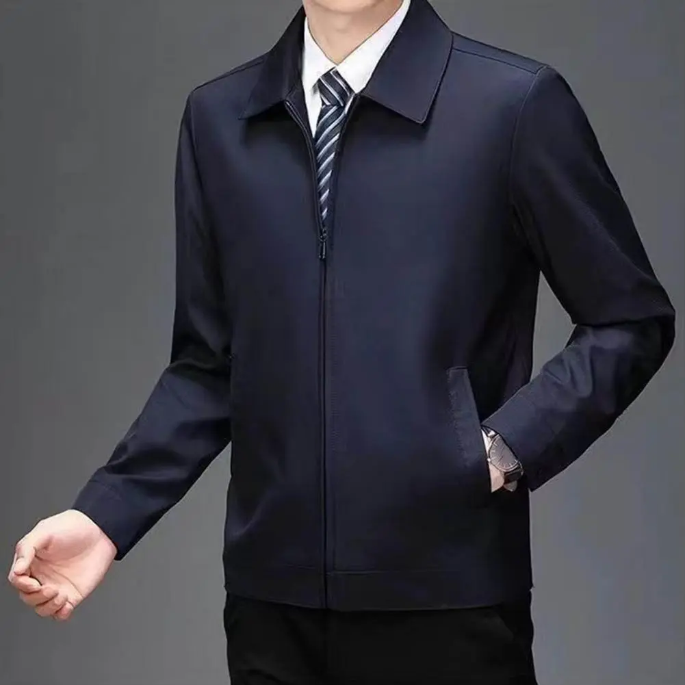 Father Fall Coat Men's Mid-aged Father Daily Jacket with Turn-down Collar Smooth Zipper Closure Solid Color Lightweight for Fall
