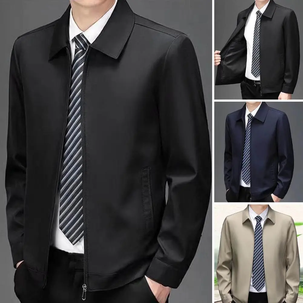 Father Fall Coat Men's Mid-aged Father Daily Jacket with Turn-down Collar Smooth Zipper Closure Solid Color Lightweight for Fall