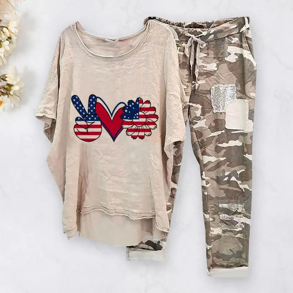 Womens Two Piece Camouflage Set Summer Outfits for Women Cotton Linen Suit 2023 Casual Print Short Sleeve Harajuku