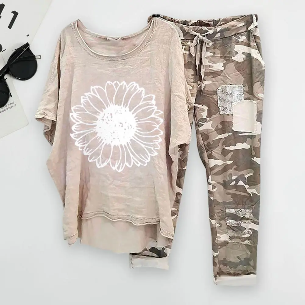 Womens Two Piece Camouflage Set Summer Outfits for Women Cotton Linen Suit 2023 Casual Print Short Sleeve Harajuku