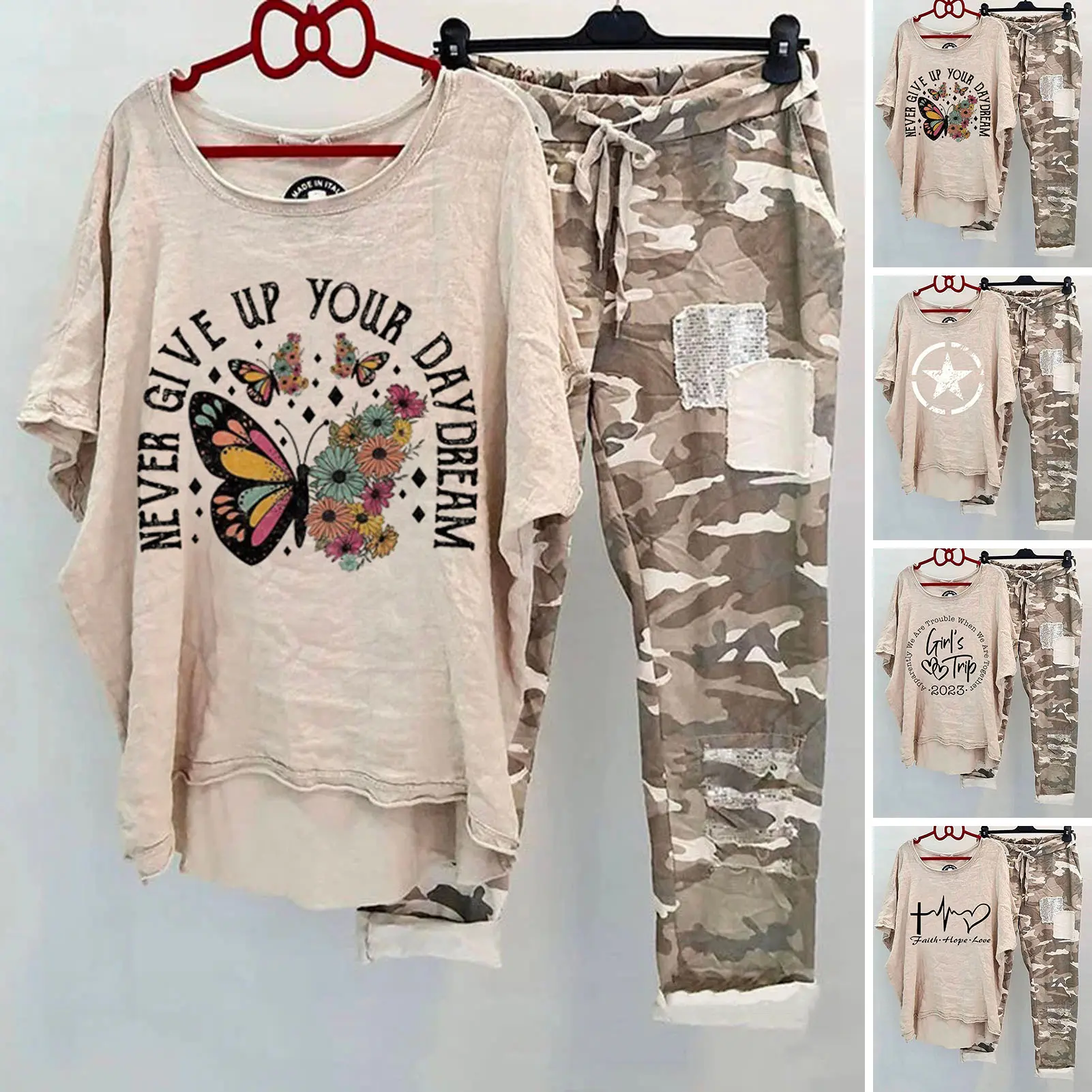 Womens Two Piece Camouflage Set Summer Outfits for Women Cotton Linen Suit 2023 Casual Print Short Sleeve Harajuku