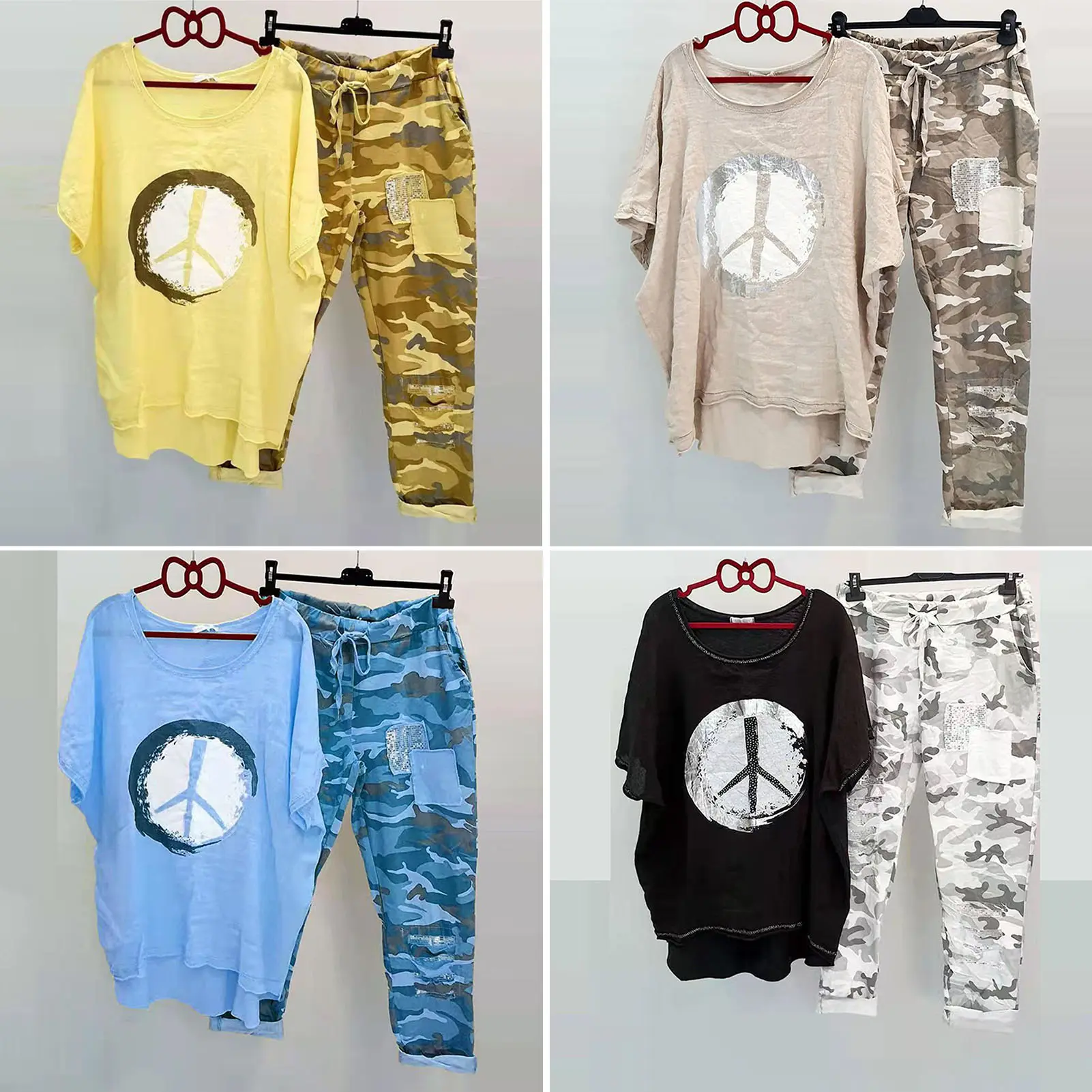 Womens Two Piece Camouflage Set Summer Outfits for Women Cotton Linen Suit 2023 Casual Print Short Sleeve Harajuku