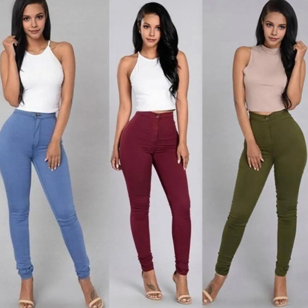 Stretch Skinny Denim Women's Jeans Mid Waist Pants Blue Retro Washed Elastic Slim Pencil Trousers