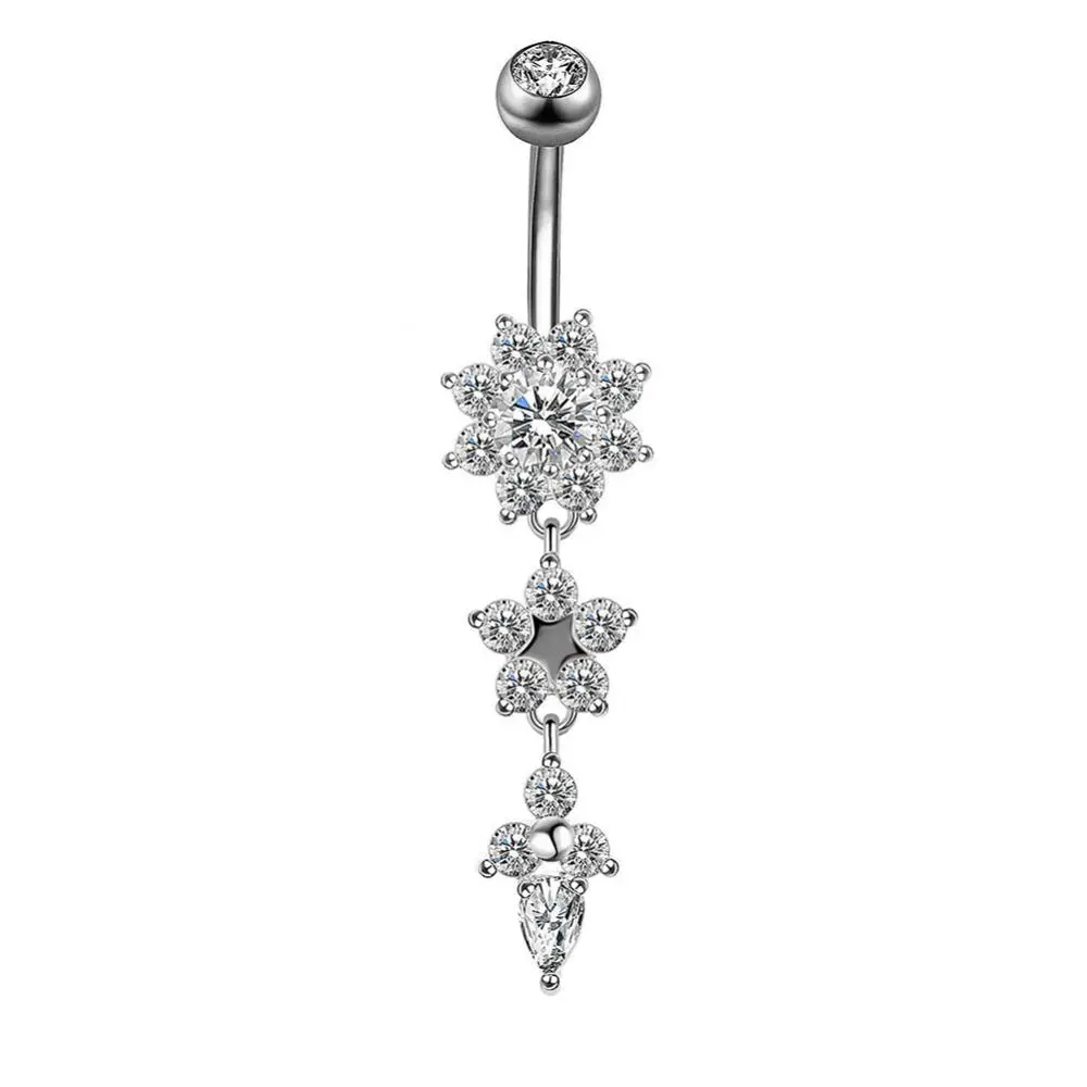 Gold Color Stainless Steel Belly Button Ring CZ Zircon Flower Butterfly Cross Heart 14G 10mm Barbell Navel Piercing Body Jewelry