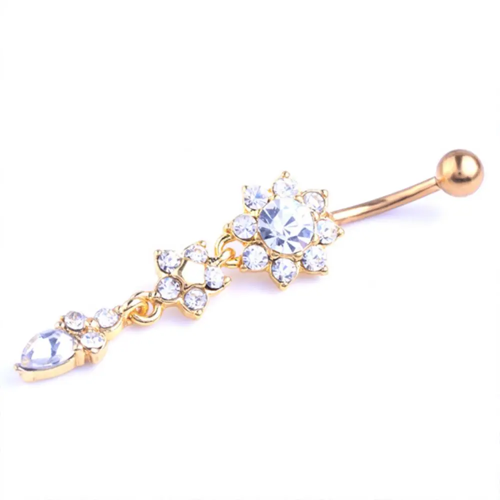 Gold Color Stainless Steel Belly Button Ring CZ Zircon Flower Butterfly Cross Heart 14G 10mm Barbell Navel Piercing Body Jewelry