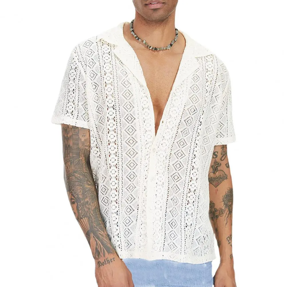 Stylish Men T-shirt Mid-length Solid Color Soft Breathable See-through Men Shirt  Men Shirt Daily Wear