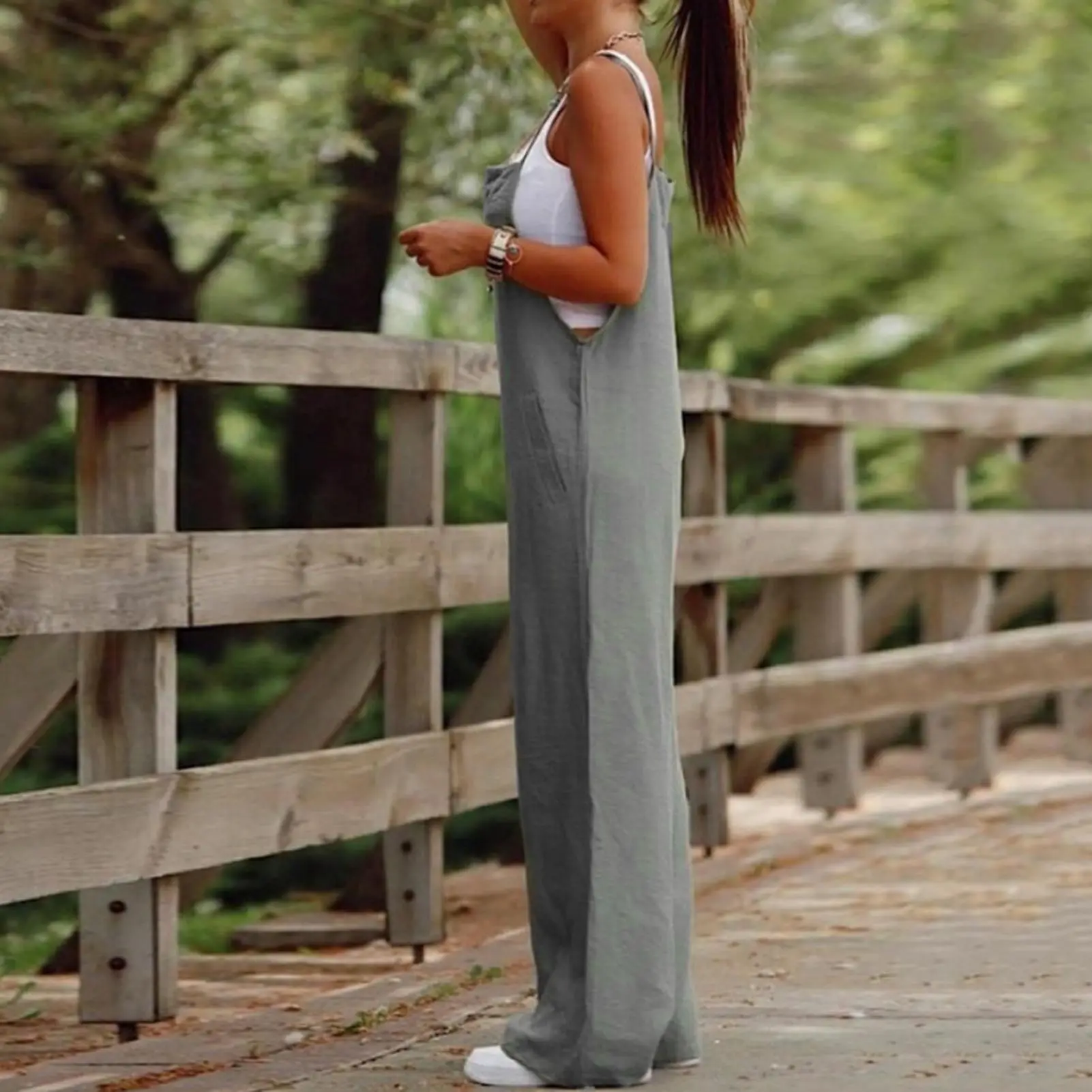 Casual Loose Jumpsuit Women Spaghetti Long Camis Summer Solid Cotton Linen Strap Wide Leg Pants Bib Overalls Sleeveless Jumpsuit