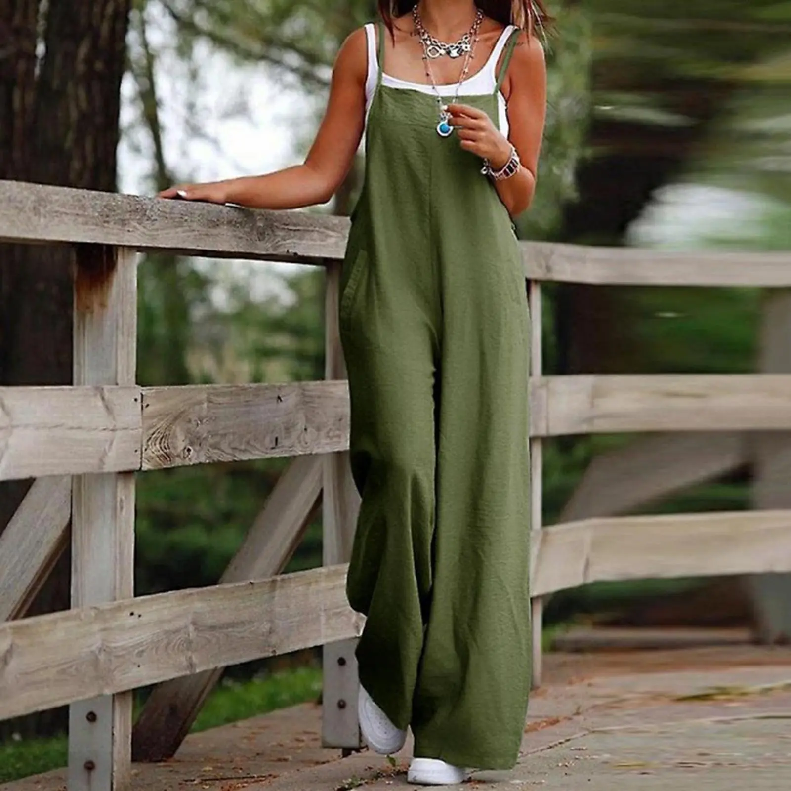Casual Loose Jumpsuit Women Spaghetti Long Camis Summer Solid Cotton Linen Strap Wide Leg Pants Bib Overalls Sleeveless Jumpsuit