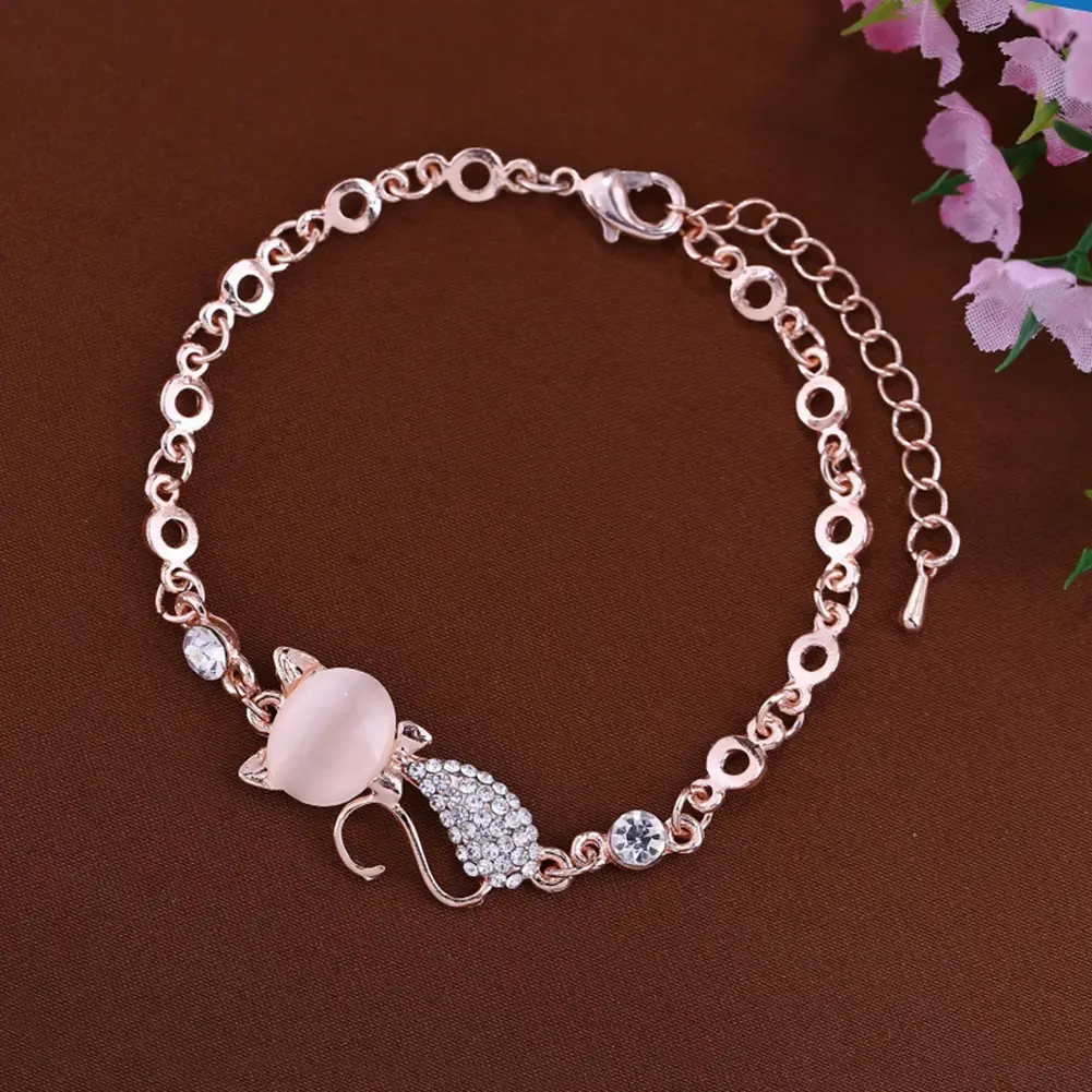 Bluelans Lovely Cat Pendant Women Ladies Opal Rhinestone Bangle Bracelet Chain Jewelry
