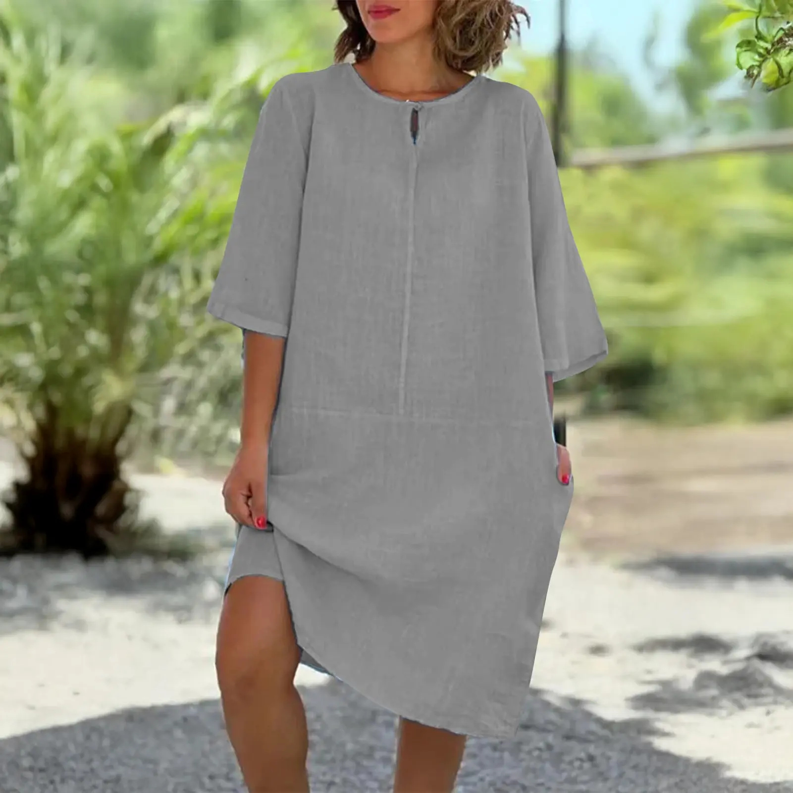 2023 Summer Loose Solid Color Pocket Short Sleeve Round Neck Cotton Linen Mid Waist Casual Dress Women 's Clothing Large Size