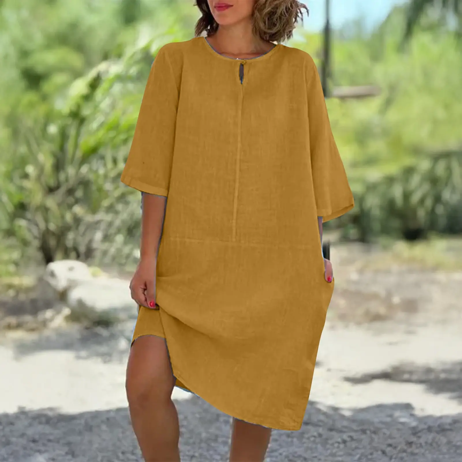 2023 Summer Loose Solid Color Pocket Short Sleeve Round Neck Cotton Linen Mid Waist Casual Dress Women 's Clothing Large Size