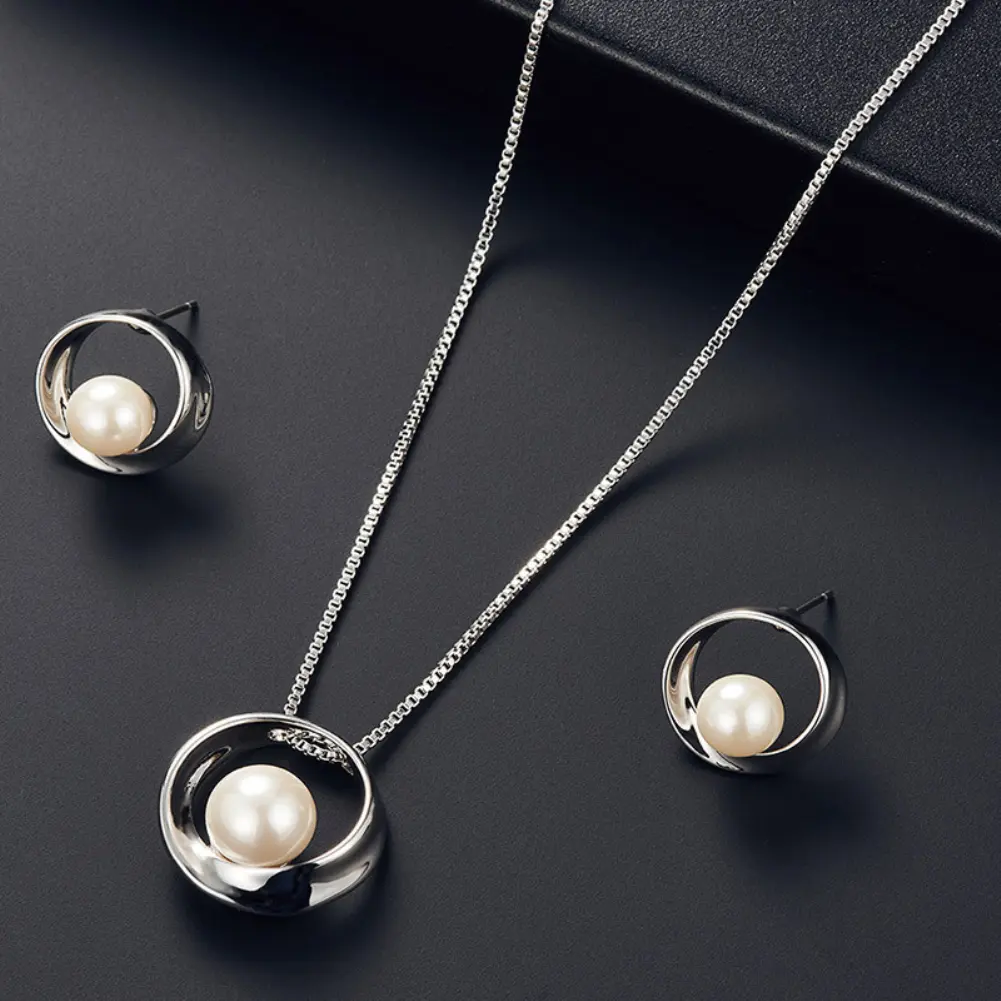Women Jewerly Set Faux Pearl Round Pendant Necklace Stud Earrings Wedding Party Jewelry Set boucle oreille femme серьги