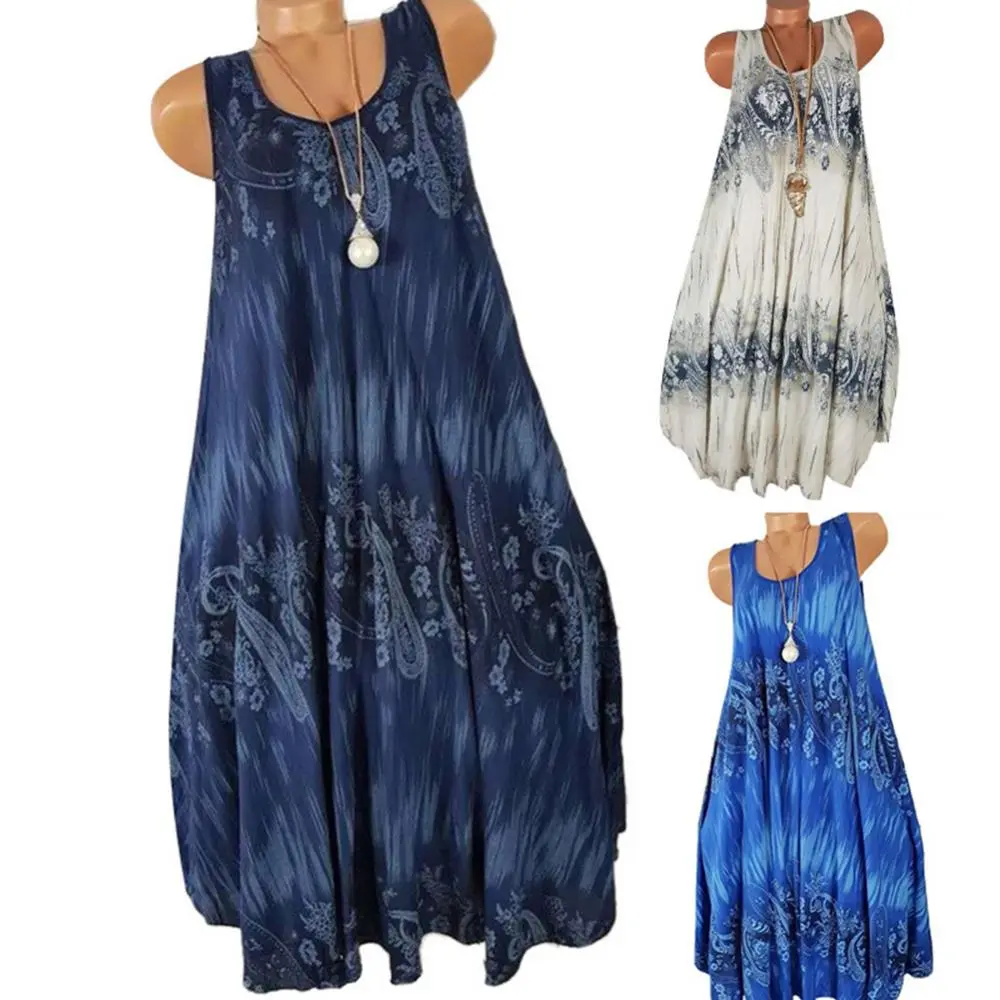 Elegant Floral Printed Lace Stitching O-Neck Sleeveless Women Summer Loose Tank Dress