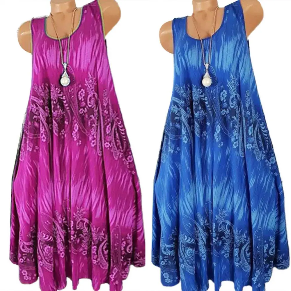 Elegant Floral Printed Lace Stitching O-Neck Sleeveless Women Summer Loose Tank Dress