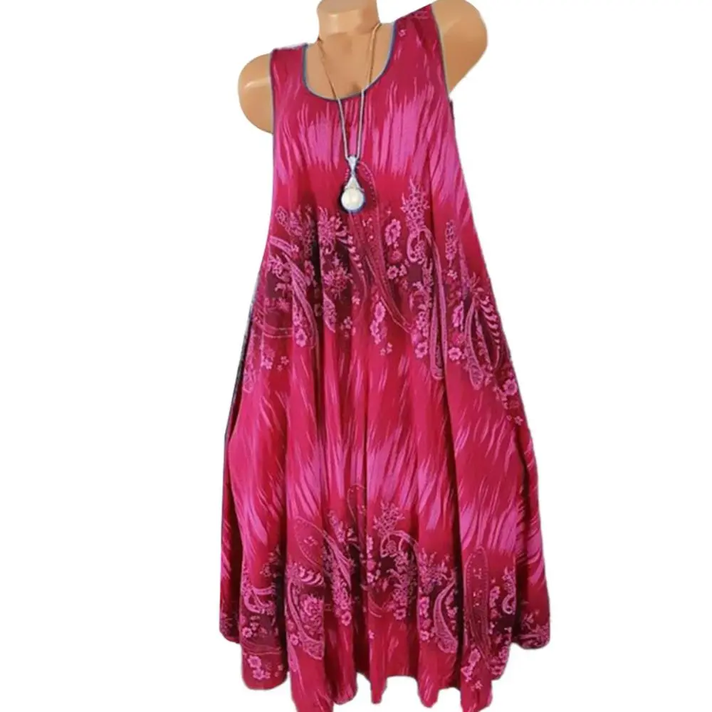 Elegant Floral Printed Lace Stitching O-Neck Sleeveless Women Summer Loose Tank Dress