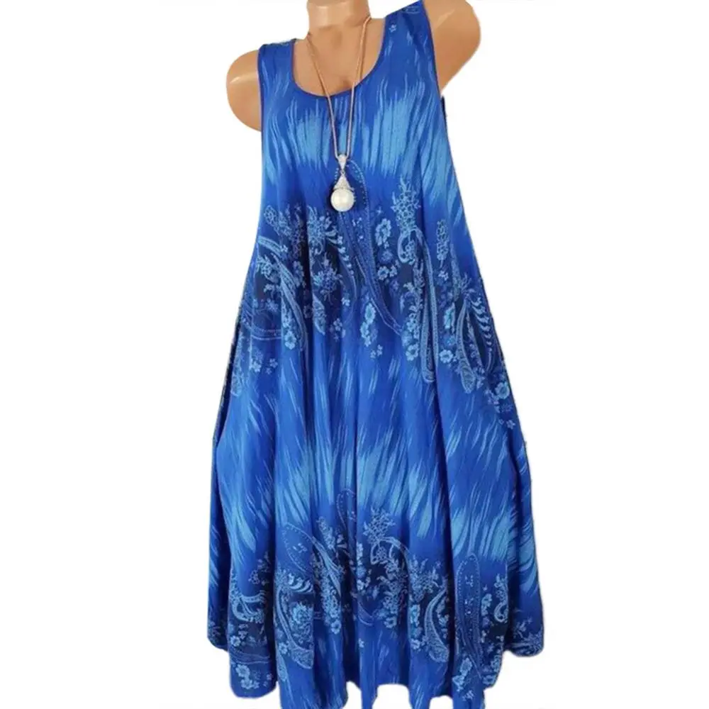 Elegant Floral Printed Lace Stitching O-Neck Sleeveless Women Summer Loose Tank Dress