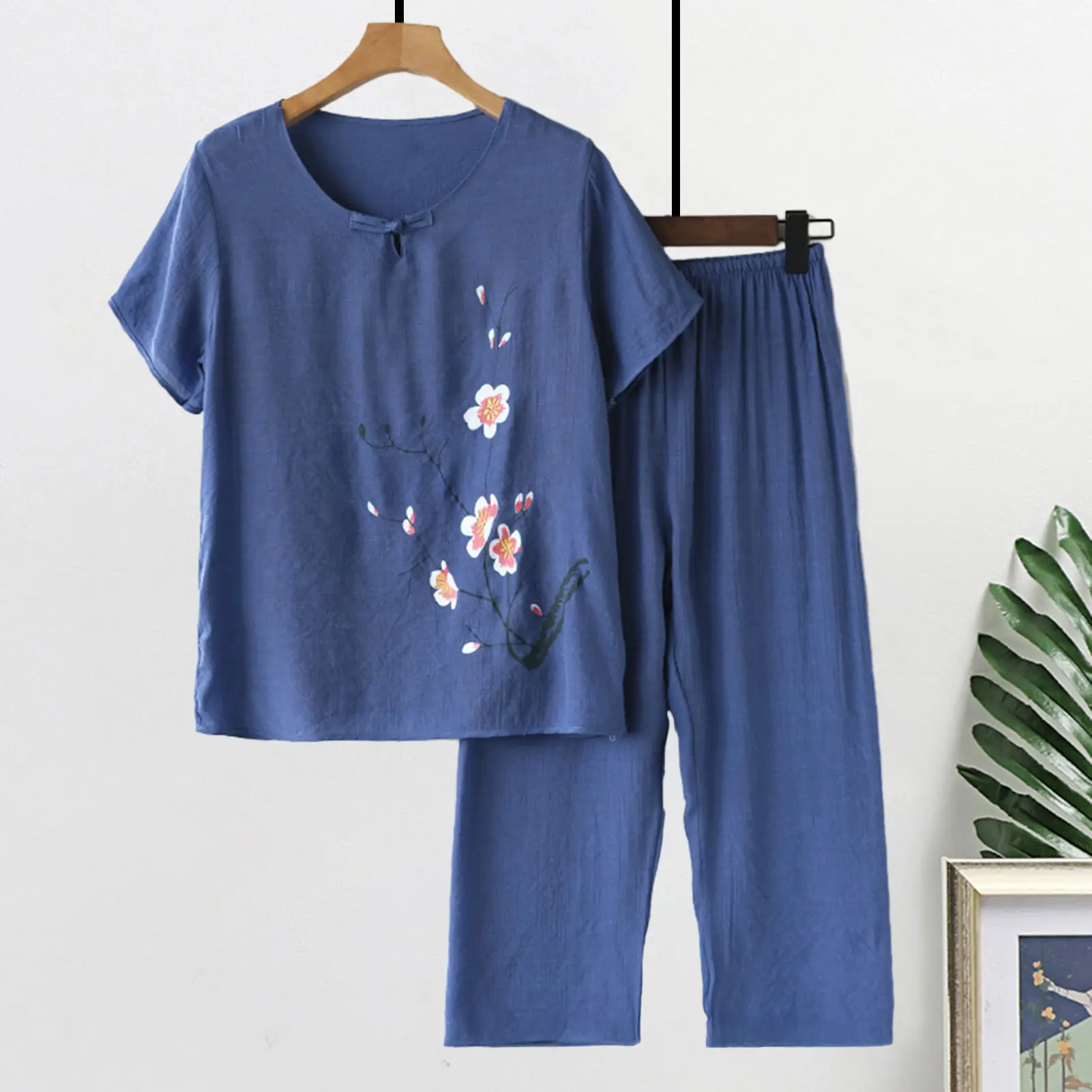 Summer 2 Piece Sets Women Flower Print O-Neck Short Sleeve Shirt Tops and High Waist Pants Suit Casual Tracksuit Female Outfits
