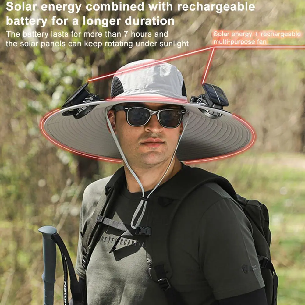 Polyester Outdoor Hat with Fan Outdoor Wide Brim Sun Hat with Solar Fan for Men Women Beach Bucket Hat for Fishing Hiking