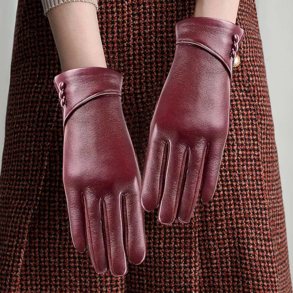 Women's Sheepskin Gloves Fashion Color Leather Simple Style Wool Lining Spring and Autumn Warmth Finger Gloves