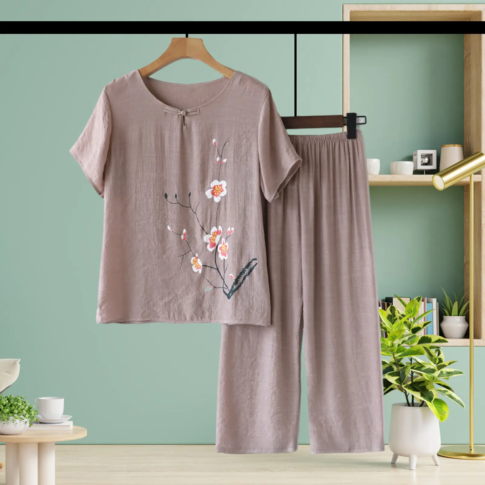 Summer 2 Piece Sets Women Flower Print O-Neck Short Sleeve Shirt Tops and High Waist Pants Suit Casual Tracksuit Female Outfits