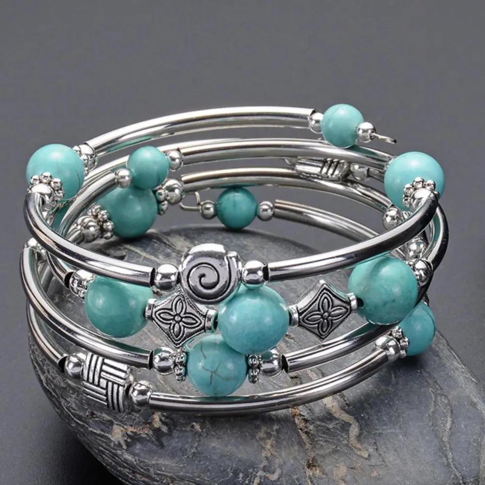 Vintage Bracelet Vintage Style Multi-layered Faux Turquoise Bracelet with Charms Adjustable Bangle for Anniversary Birthday Gift