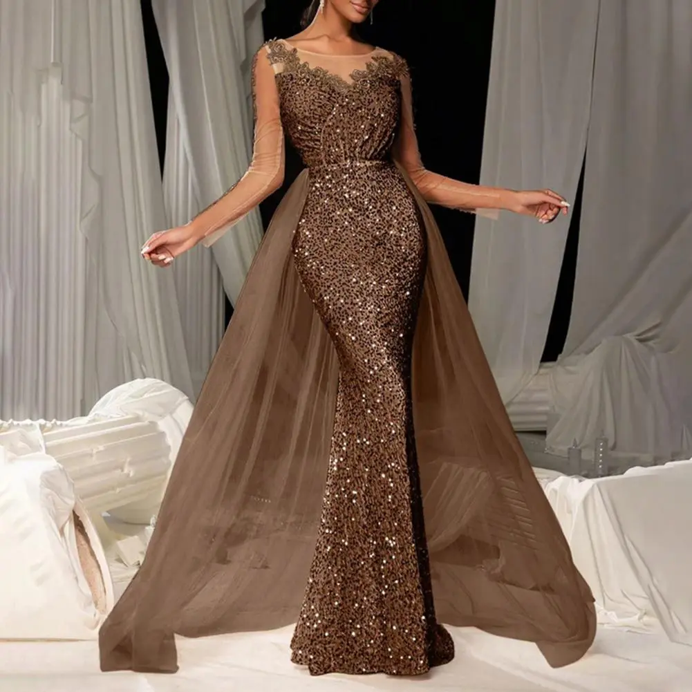 Soft Lightweight Fabric Dress Elegant Sequin Evening Dress with Lace Sleeves Floor Length Bodycon Maxi for Cocktail for Women