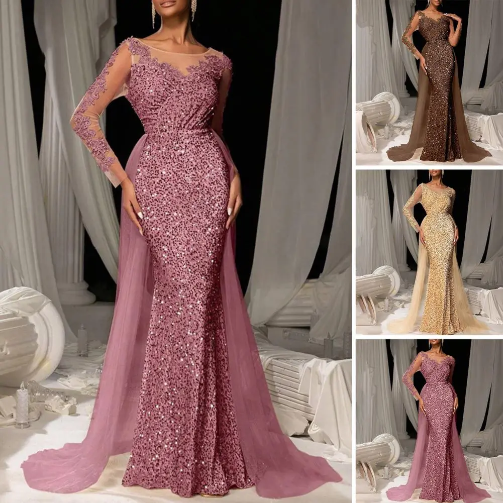 Soft Lightweight Fabric Dress Elegant Sequin Evening Dress with Lace Sleeves Floor Length Bodycon Maxi for Cocktail for Women