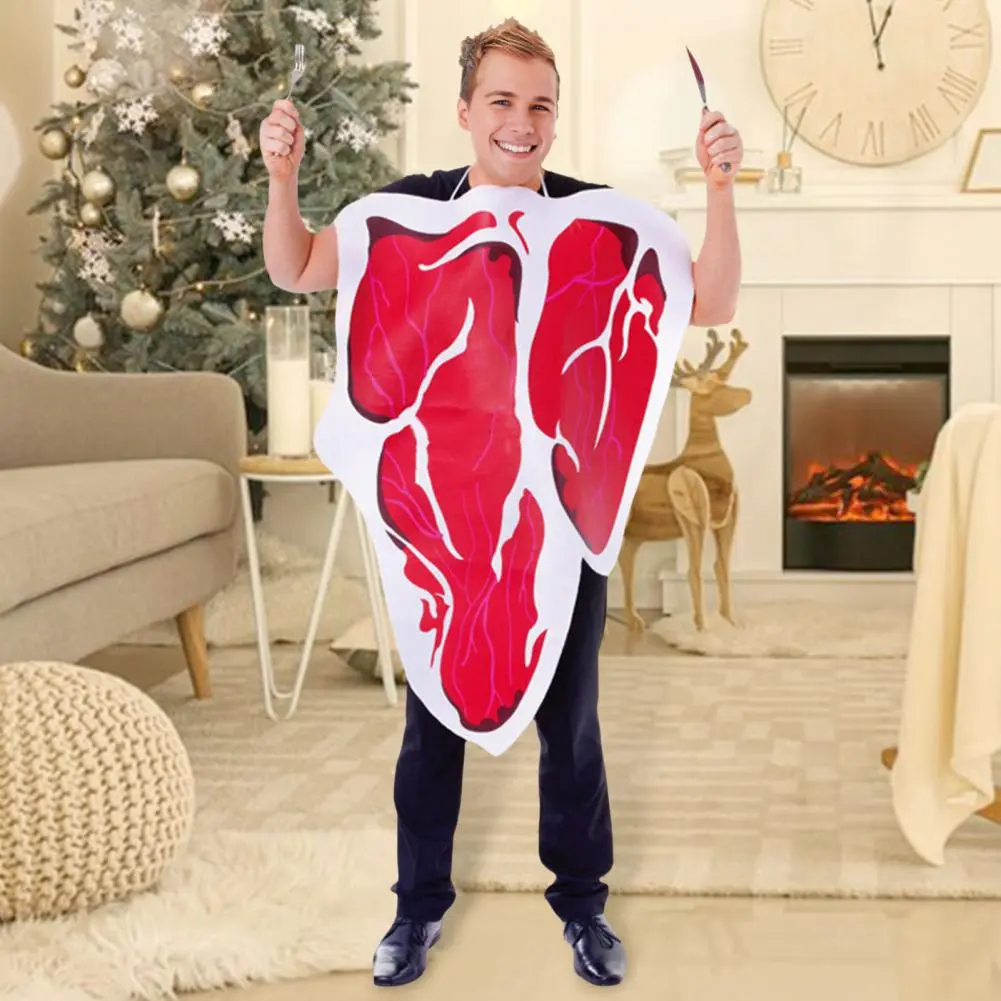 Realistic Steak Outfit Halloween Party Cosplay Costume Fake Steak Neck-hanging Performance Clothing Bright Color Loose Stage