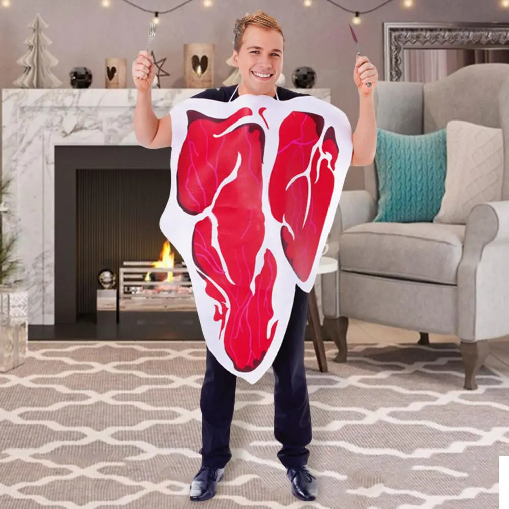 Realistic Steak Outfit Halloween Party Cosplay Costume Fake Steak Neck-hanging Performance Clothing Bright Color Loose Stage