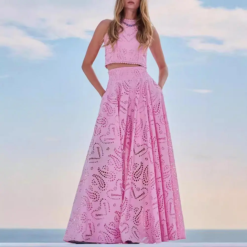 Beach Style Crochet Shirring 2 Piece Set Women Backless Irregular Tops+Solid Long Skirts Vacation Suits