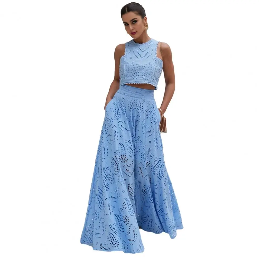 Beach Style Crochet Shirring 2 Piece Set Women Backless Irregular Tops+Solid Long Skirts Vacation Suits