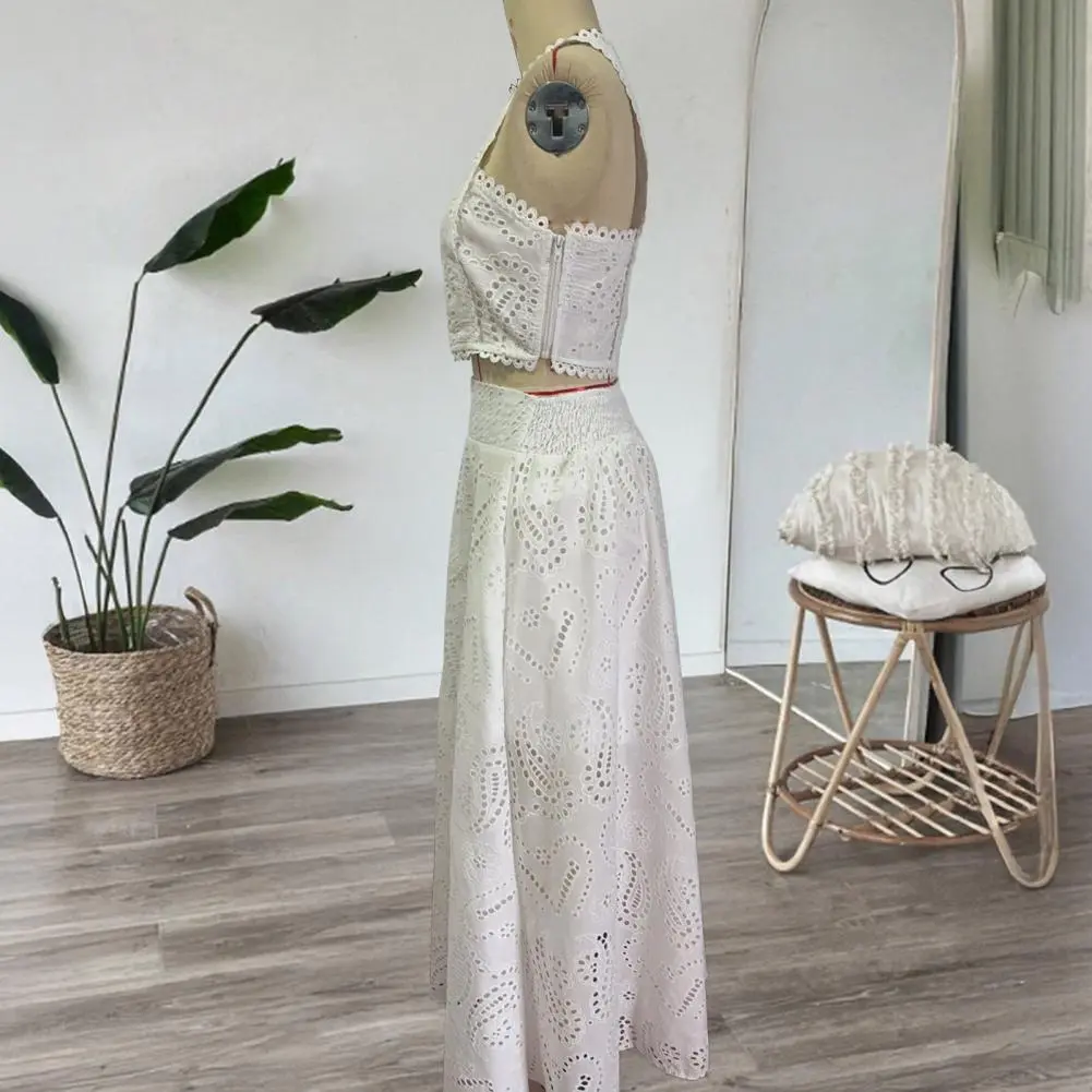 Beach Style Crochet Shirring 2 Piece Set Women Backless Irregular Tops+Solid Long Skirts Vacation Suits