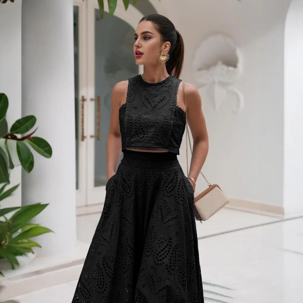 Beach Style Crochet Shirring 2 Piece Set Women Backless Irregular Tops+Solid Long Skirts Vacation Suits