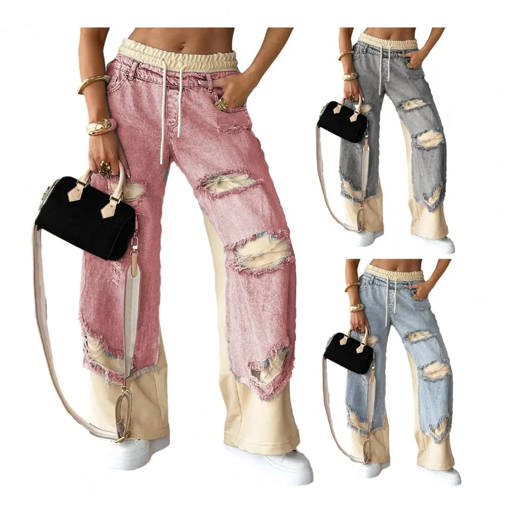 2025 Designer Women's Jeans Pant Blue Denim With Patchwork Knee Panels Hip Hop Style Distressed High Waist Streetwear Trousers